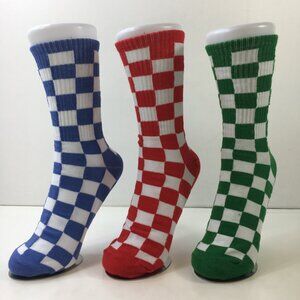 Womens Crew Socks Set 3 Checkered Pattern Blue Red Green White